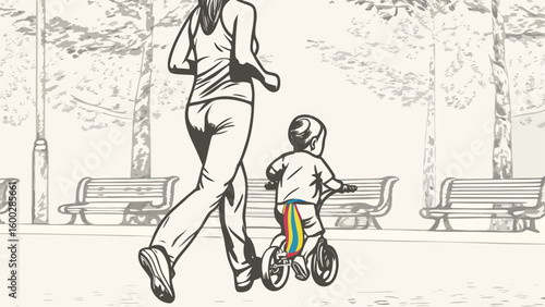Woman jogging in a park with a child riding a bicycle alongside her in a black and white sketch silhouette