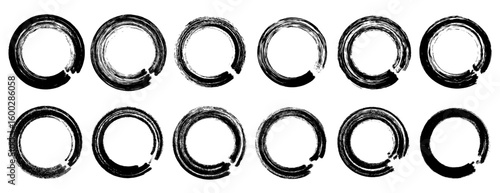 Grunge round and circle stamp frame set with rough ink borders, hand drawn rubber stamp style, empty shapes for graphic design template or poster layout