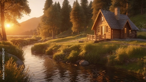a small wooden house near the lake and have lush greenery in background brighten up by the shine of rising sun
