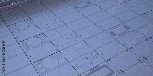 Futuristic metallic surface with detailed grid pattern.