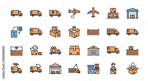 Vibrant Line Icon Set for Global Logistics, Shipping, and Delivery Services