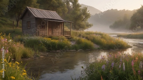 a small wooden house near the lake and have lush greenery in background