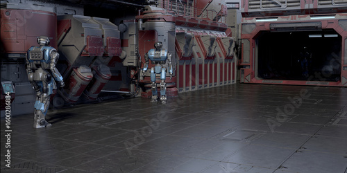 Fototapeta Naklejka Na Ścianę i Meble -  Robots in a futuristic industrial corridor.