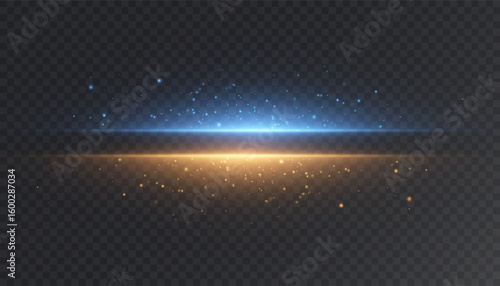 Blue and yellow glowing horizon glow with shimmering particles on transparent background. Futuristic energy border, cosmic ray and magical double light effect for digital design, technology 
