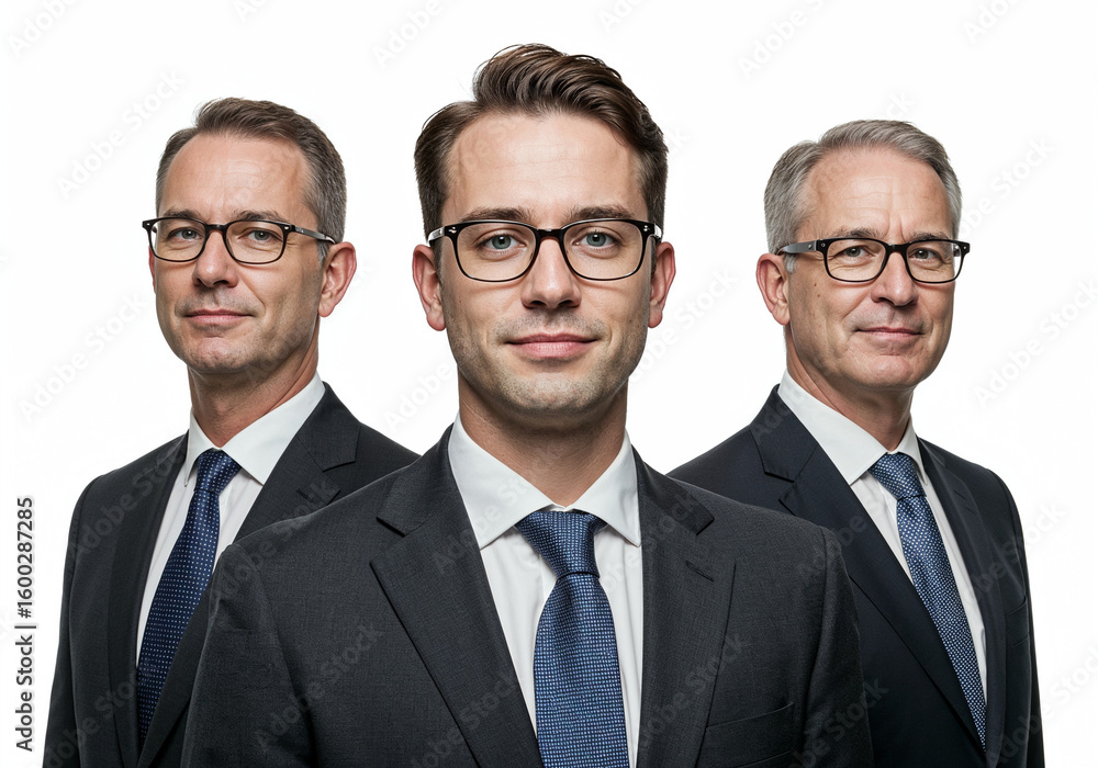 Three professional businessmen in suits and ties with glasses standing together against a white background Three professional businessmen in suits and ties with glasses standing together against a white background