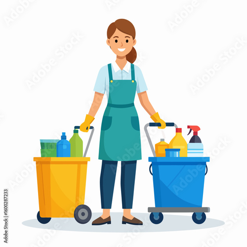 A smiling cleaning lady stands with two carts filled with cleaning supplies, ready to work.