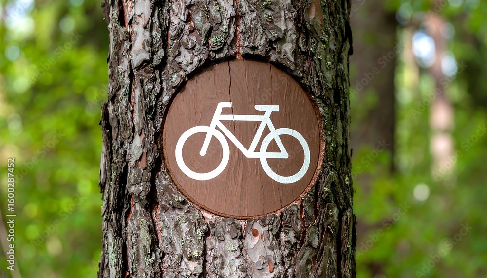 Fototapeta premium Bicycle path sign on a tree trunk