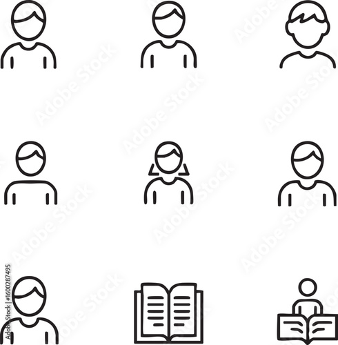 Education and students vector icon set outline style,minimalist student,book,learning,reading,professor,people,studying,knowledge,education,university,course,teacher icon set