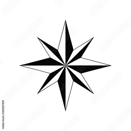 Simple black and white eight pointed star compass rose design