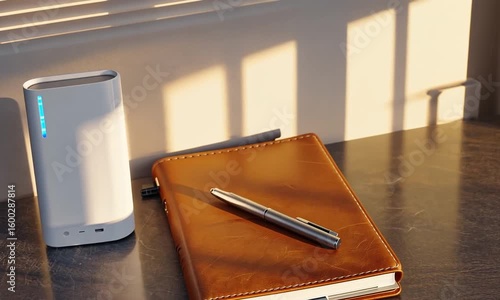Leather Notebook with Pen on Desk in Warm Afternoon Light
