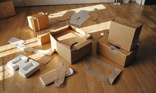 Cardboard Boxes and Packaging Materials Scattered on Wooden Floor
