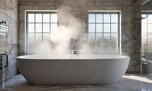 Luxury Bathtub with Steam in Modern Bathroom Interior
