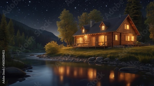 a wooden house near the lake surrounded by greenery   at night ,the interior is warmly lighten