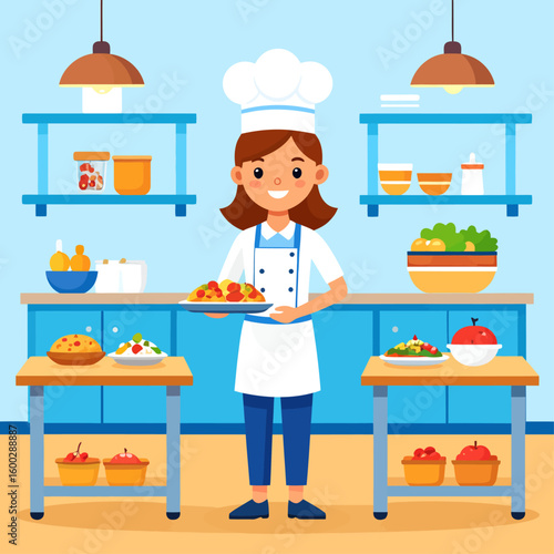 A cheerful chef in a brightly colored kitchen, presenting a dish of food on a tray.