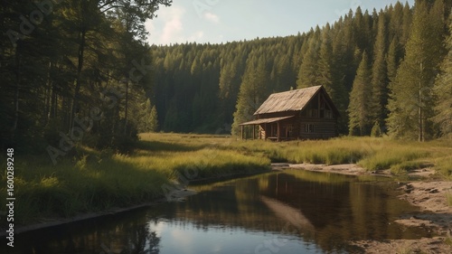 a small wooden house near the lake and have lush greenery in background