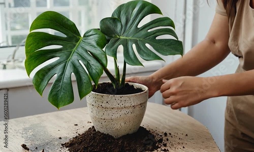 Repotting Monstera Plant in Ceramic Pot on Wooden Table Indoors

