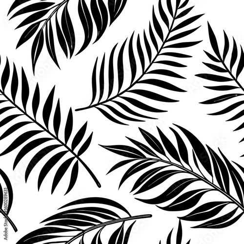 Wallpaper Mural Monochrome Tropical Leaves: A captivating seamless pattern of black tropical leaves elegantly arranged against a stark, clean backdrop. Torontodigital.ca