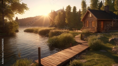 a small wooden house near the lake with a wooden path and have lush greenery in background