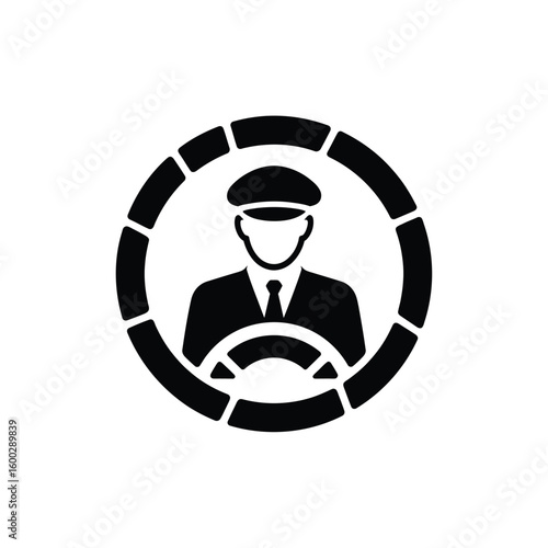 Driver icon within a steering wheel and circular frame