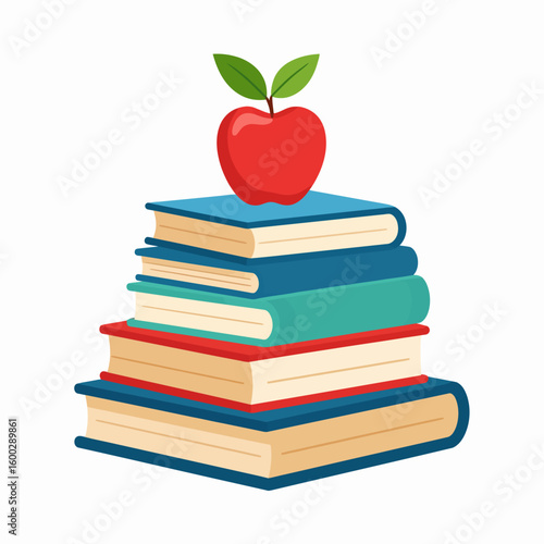 A stack of colorful books topped with a vibrant red apple, symbolizing education.