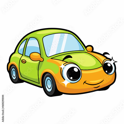 Depiction of funny car, cheerful auto with big eyes and a smiling face on white background. Funny car driving is joy, happiness and positivity.