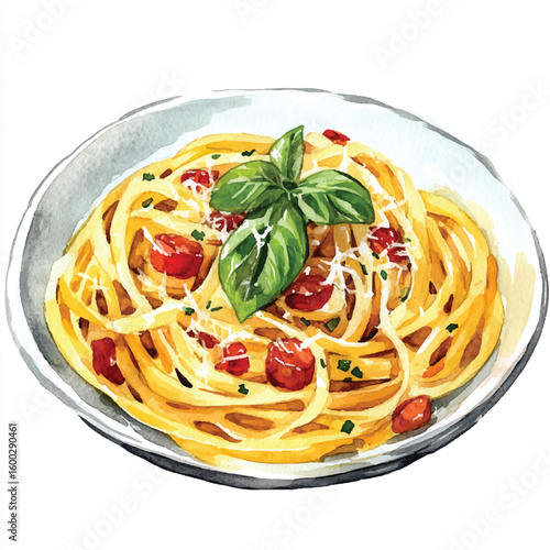 Watercolor Illustration of Delicious Pasta Dish Garnished with Basil and Tomatoes