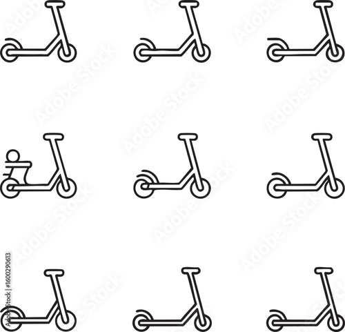 Electric scooter vector icon set outline style personal transport,urban mobility,eco friendly,electric vehicle,ride sharing,alternative transportation,rental,city commute icon set