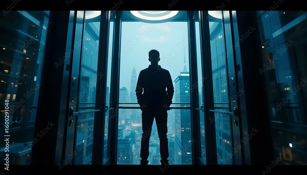 Fototapeta premium Silhouette man in elevator overlooking city skyline at night business success concept