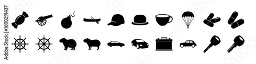 Silhouette Icon Set – Assorted Objects Including Vehicles, Hats, Candy, Parachute, - This versatile silhouette icon set features a wide range of bold black symbols, including sweet candies, a cannon,
