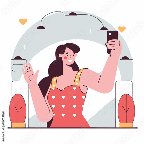 Smiling woman taking selfie indoors with heart dress