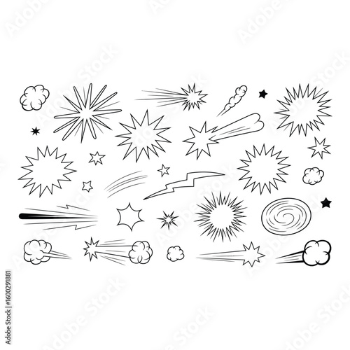 Comic style elements isolated on white background create dynamic effects