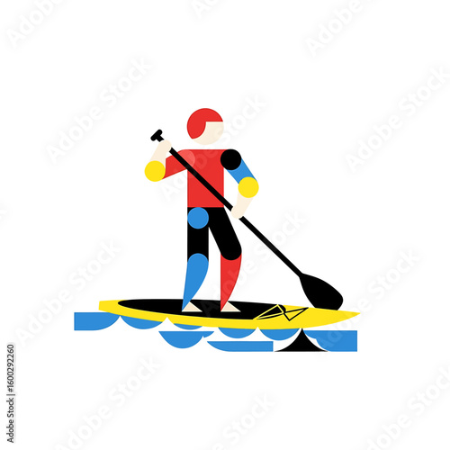 Stylized illustration of a person paddleboarding on a yellow board in blue water, using a black paddle, depicted with geometric shapes and bold colors.