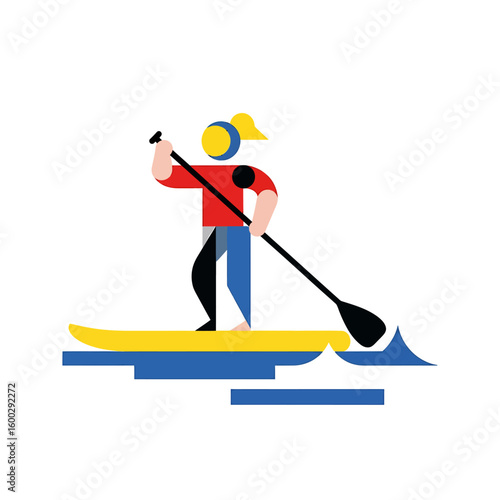 Stylized illustration of a woman paddleboarding on blue water, wearing a red shirt and blue pants, holding a black paddle.