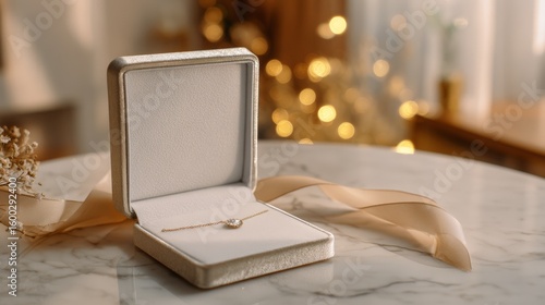 Elegant necklace in open jewelry box on marble table with soft bokeh background
