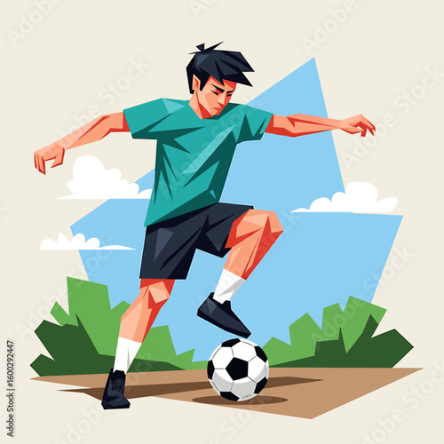 A stylized illustration of a young man skillfully controlling a soccer ball with his foot, set against a backdrop of abstract shapes and greenery.