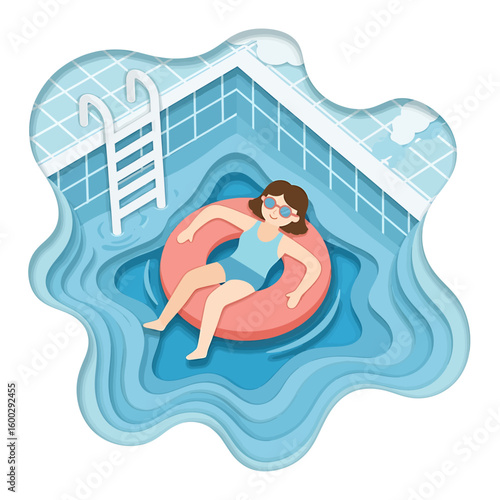 Illustration of a woman relaxing in a swimming pool on an inflatable ring, depicted in a layered paper-cut style.