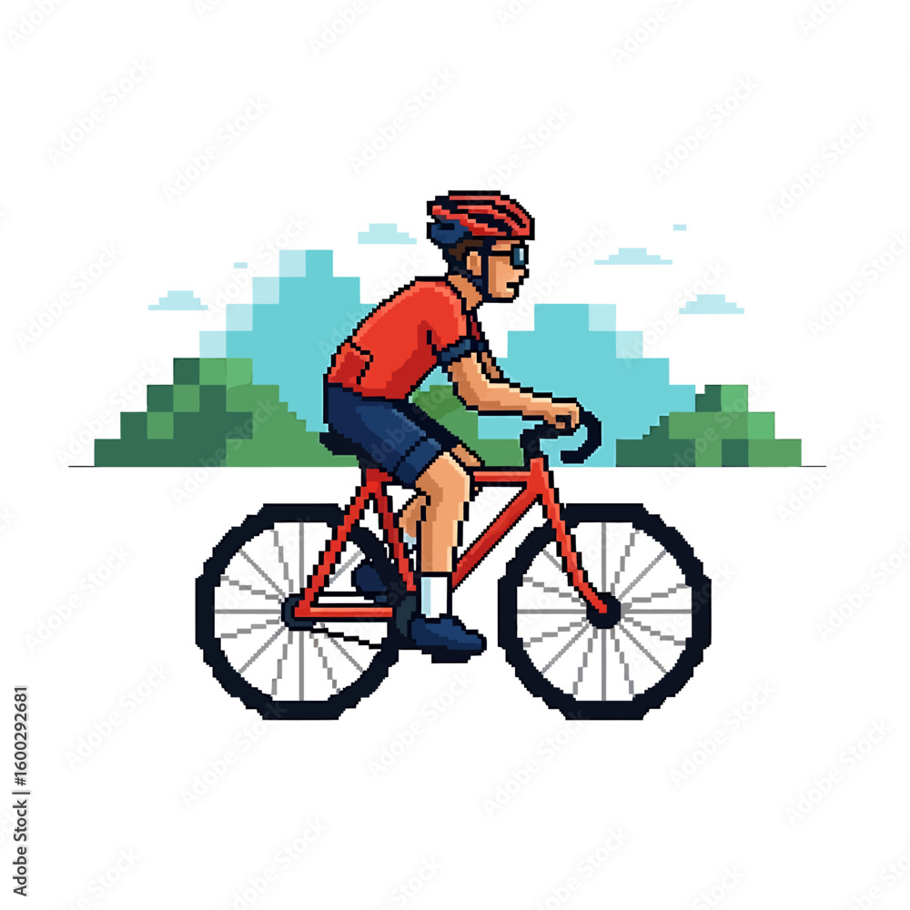 Obraz premium Pixel art illustration of a cyclist riding a red bicycle against a backdrop of pixelated green hills and blue sky.