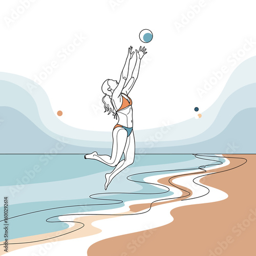 Line art illustration of a woman in a bikini jumping to hit a volleyball on a beach with ocean and sky in the background.