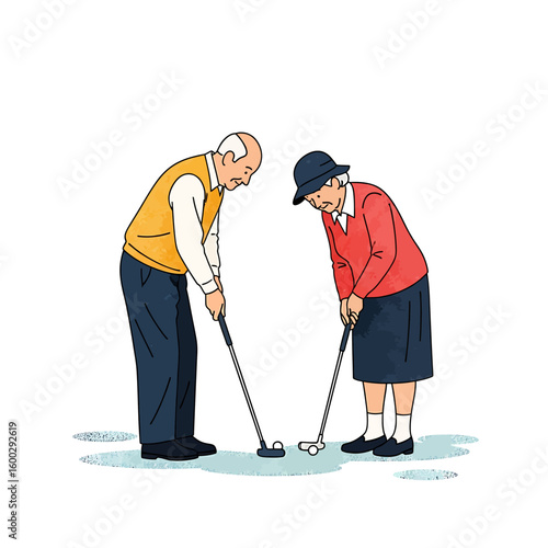 Elderly couple playing golf, the man is putting while the woman observes intently, both focused on the game.
