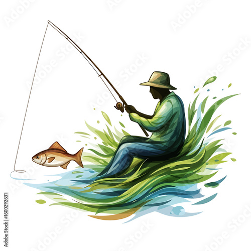 Illustration of a fisherman sitting in grass, fishing rod extended, with a caught fish beside him in the water.
