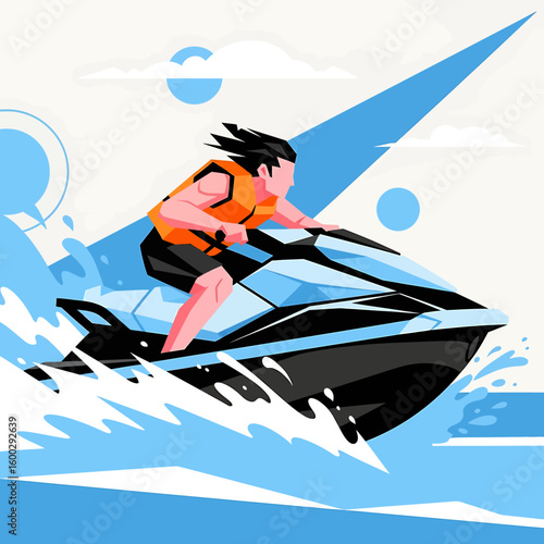 A man wearing a life vest rides a blue and black jet ski across the water, with stylized waves and clouds in the background.