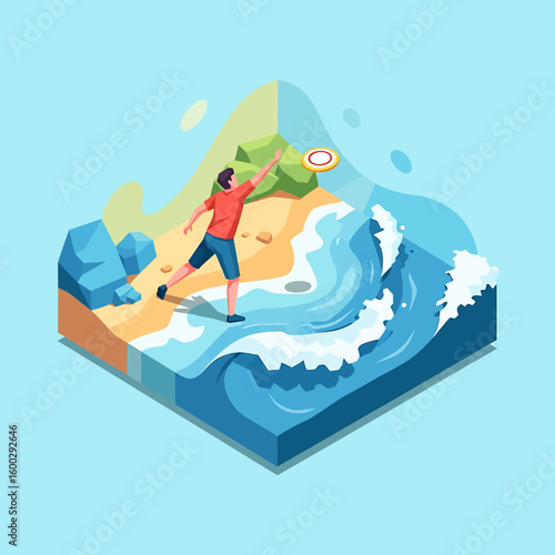 Isometric illustration of a man throwing a frisbee on a beach with waves crashing, rocks, and a sandy shore.