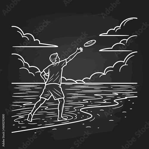 A man throws a frisbee on a beach with water and clouds, depicted in a line art style on a dark background.