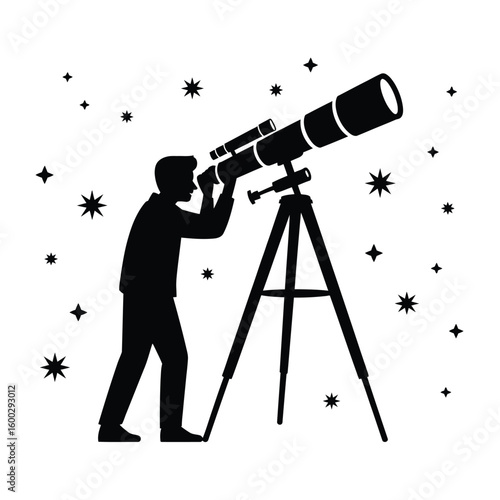 Silhouette of a person observing the night sky with a telescope