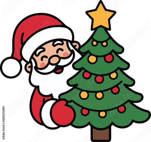 Santa Claus peeks around a decorated Christmas tree, spreading holiday joy.