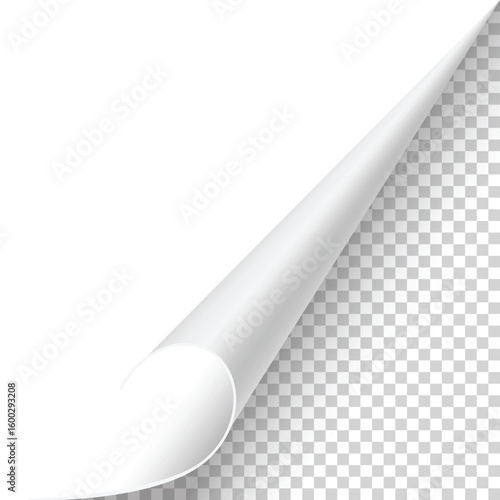 Curled paper corner. Curve page corner, page edge curl and bent paper sheet with realistic shadow. Paper corner fold isolated on white background