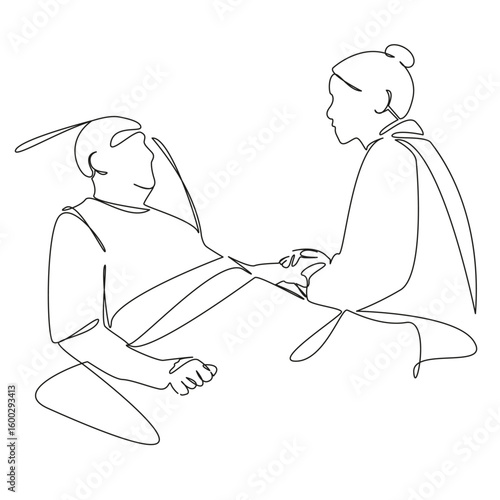 One continuous single drawing line art flat doodle doctor, patient, hospital, care, recovery, health care, empathy. Isolated image hand draw contour on a white background, hand drawn, not AI