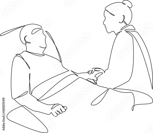 One continuous single drawing line art flat doodle doctor, patient, hospital, care, recovery, health care, empathy. Isolated image hand draw contour on a white background, hand drawn, not AI