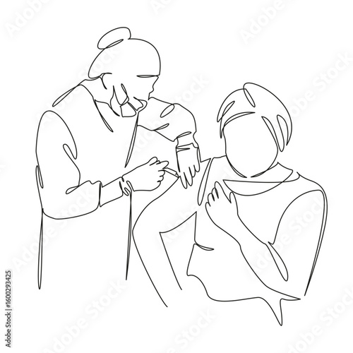 One continuous single drawing line art flat doodle doctor, medicine, nurse, patient, vaccination, protection, syringe, virus. Isolated image hand draw contour on a white background, hand drawn, not AI