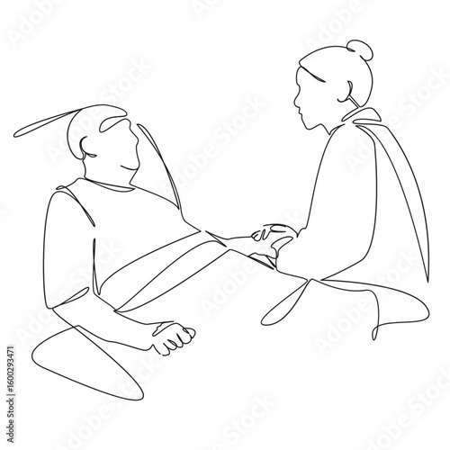 One continuous single drawing line art flat doodle doctor, patient, hospital, care, recovery, health care, empathy. Isolated image hand draw contour on a white background, hand drawn, not AI